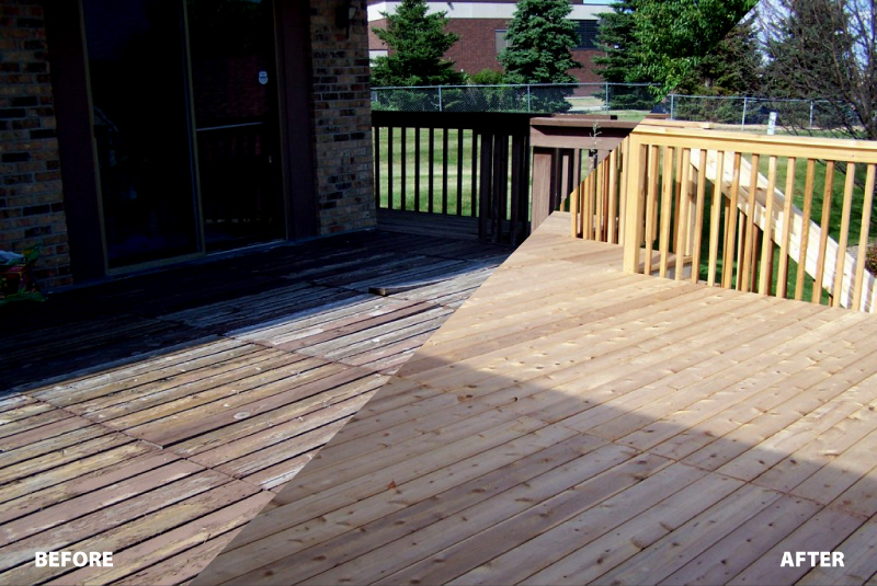 Deck restoration project before and after side by side